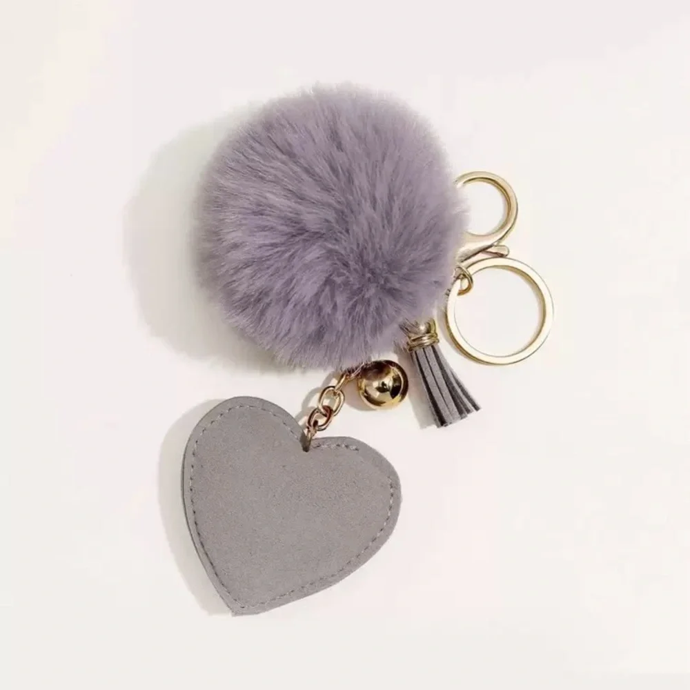 Bag Charm Grey Key Charm Plush Rhinestone Decorated Heart Shaped & Pom Pom